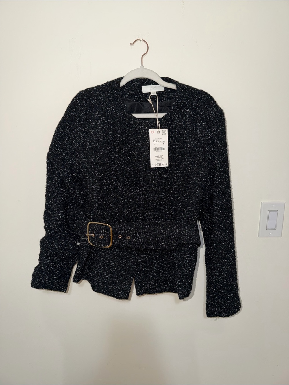 Zara Black Sparkle Tweed Belted Blazer